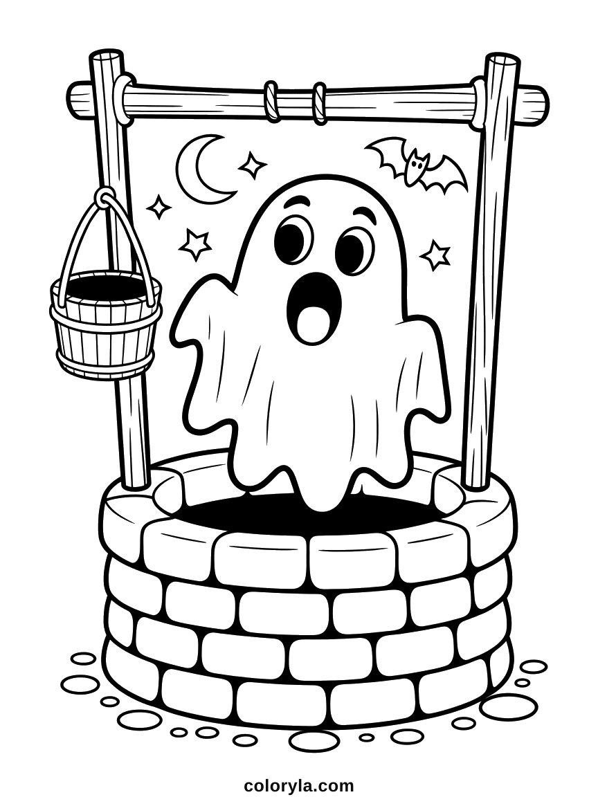 Out of an old stone well comes a ghost, the masonry taking longer, a free Halloween coloring page on A4.