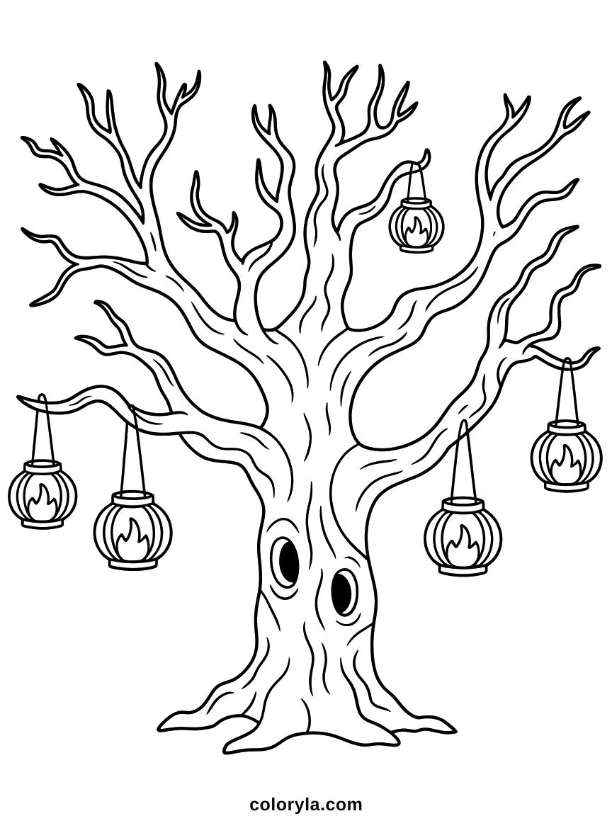 A bare tree hung with lanterns, two dark hollows placed like eyes. A Halloween coloring page for adults.