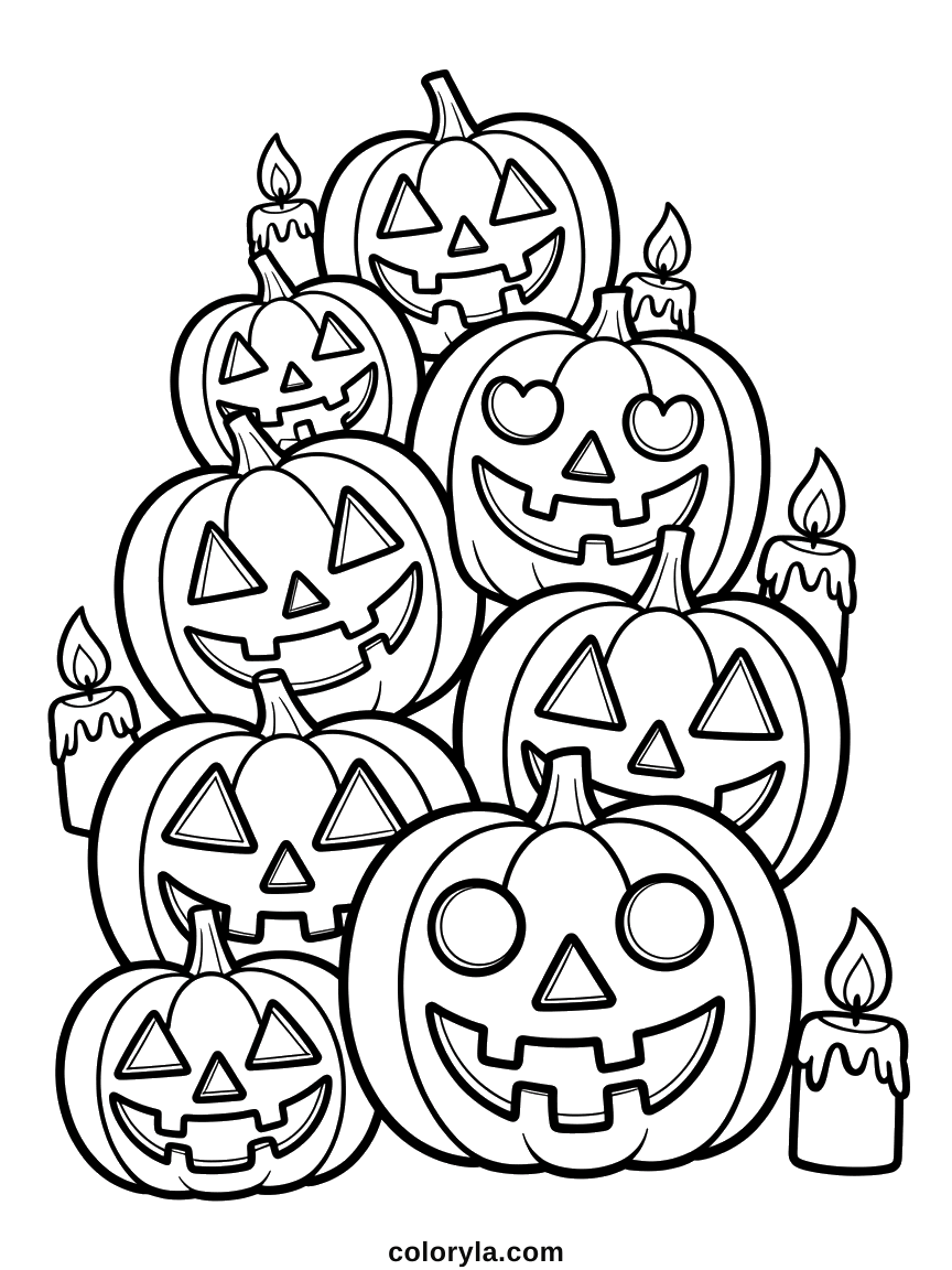 Eight carved pumpkins stacked with candles between them. A free Halloween coloring page for children.