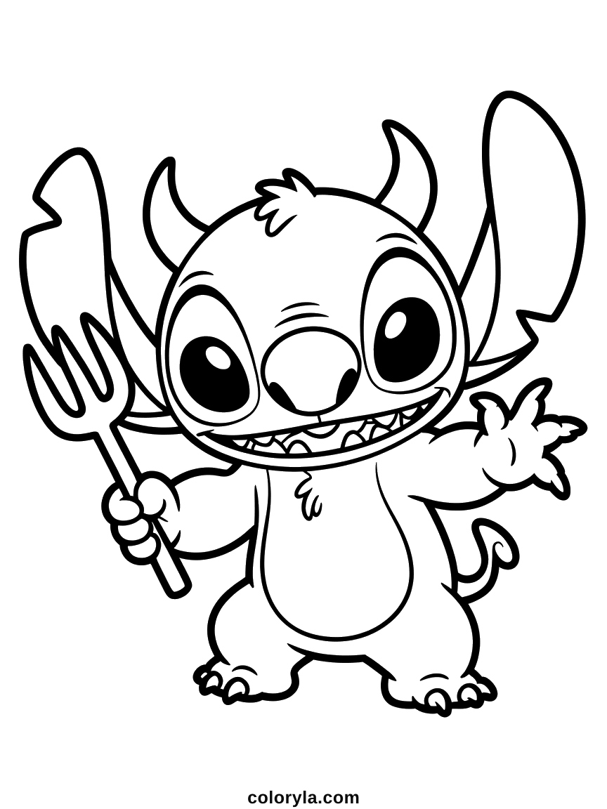 Horns, tail and fork, and the rest is simply Stitch: a cute free Halloween coloring page for kids on A4.