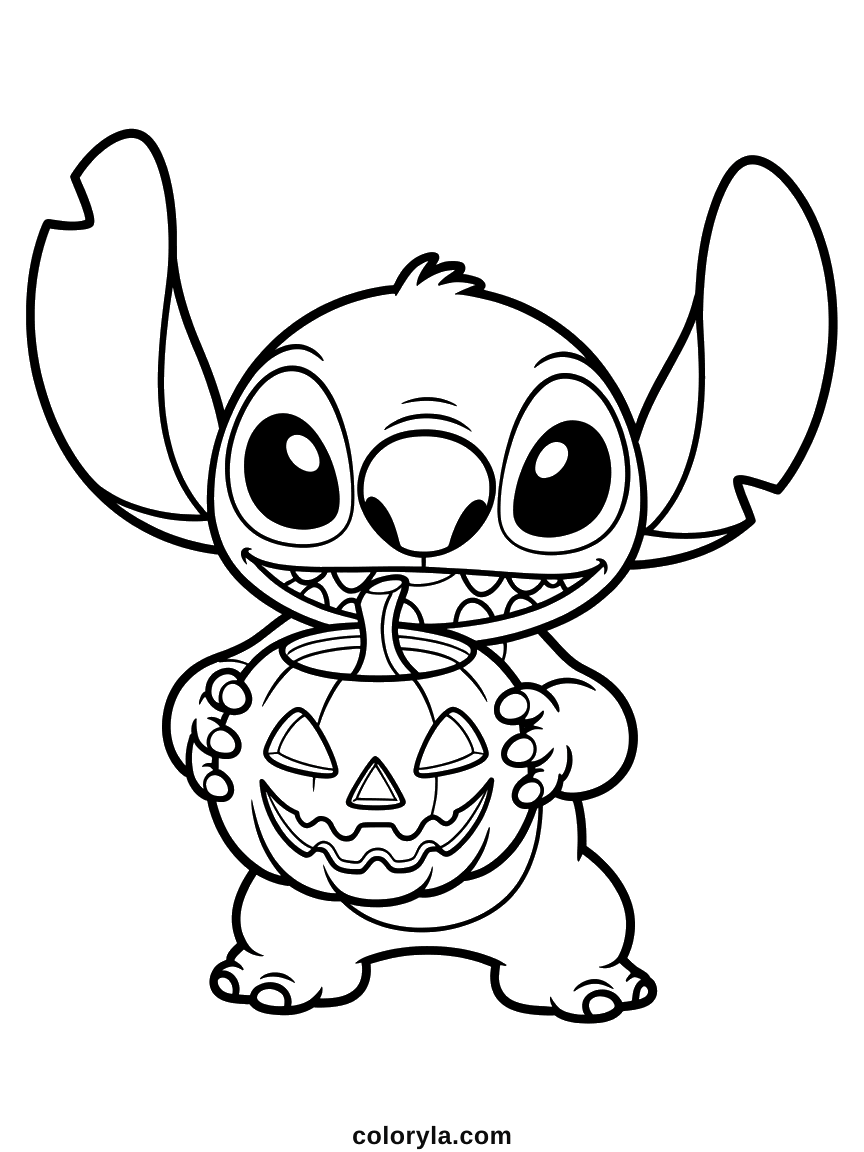 Stitch Halloween coloring page: holding a pumpkin bucket, his teeth above its carved ones, free on A4.