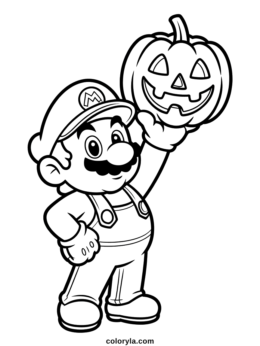 Mario holding a carved pumpkin above his head, an outfit of four flat areas, a Halloween coloring sheet.