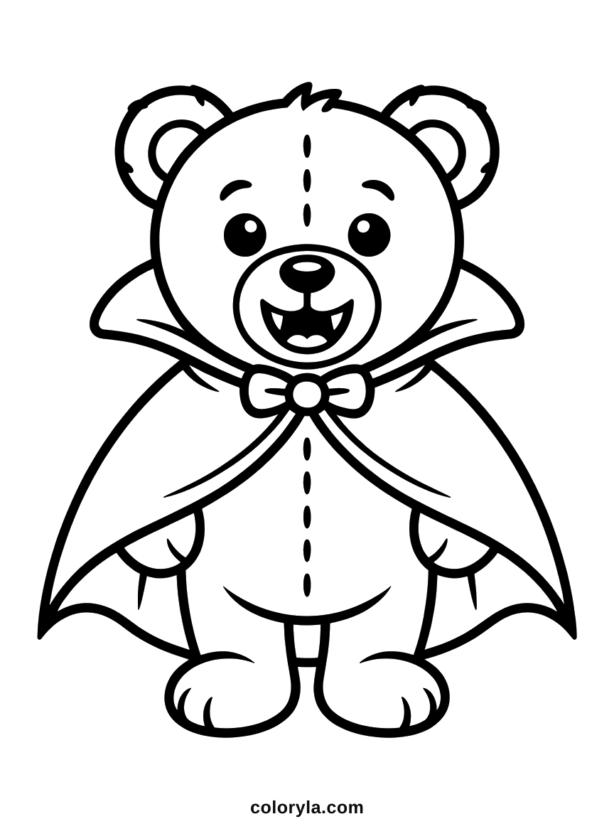 A teddy bear in a vampire cape with a dashed seam down the middle, a cute free Halloween coloring page.