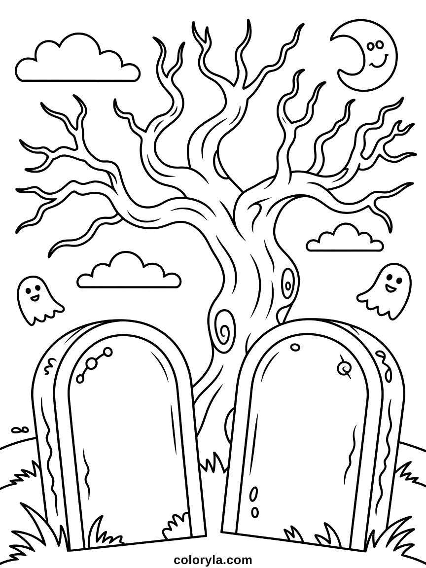 Tombstones under a crooked tree that fills the top half with branches: a free Halloween coloring page.