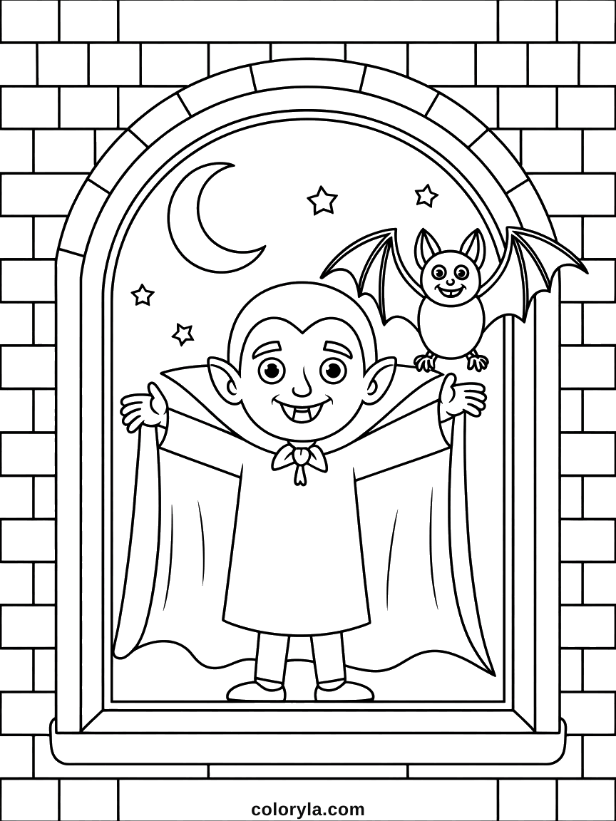 A vampire at a castle window with a bat beside him, a free Halloween coloring page for adults on A4.
