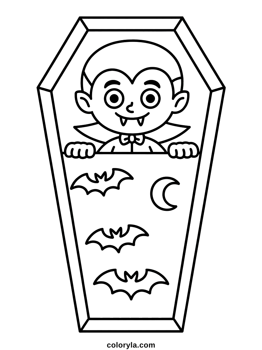Both fists on the rim of his coffin, as if he had just pushed the lid aside. A Halloween coloring page.