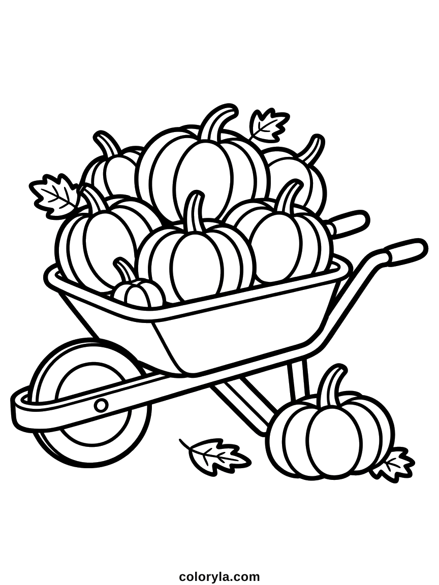 A wheelbarrow heaped with pumpkins whose stems all curl differently, an autumn Halloween coloring page.