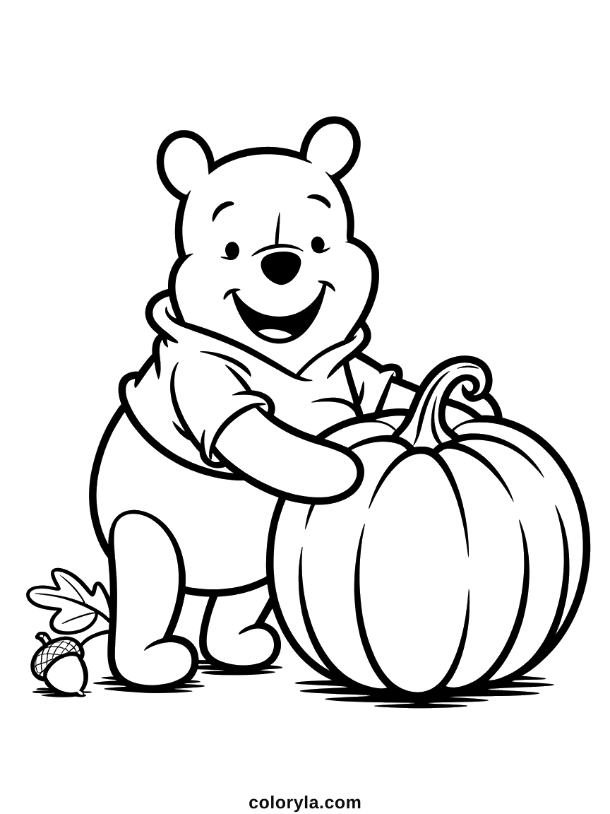 Winnie the Pooh beside a pumpkin touching his shirt. An easy free Halloween coloring page for kids on A4.