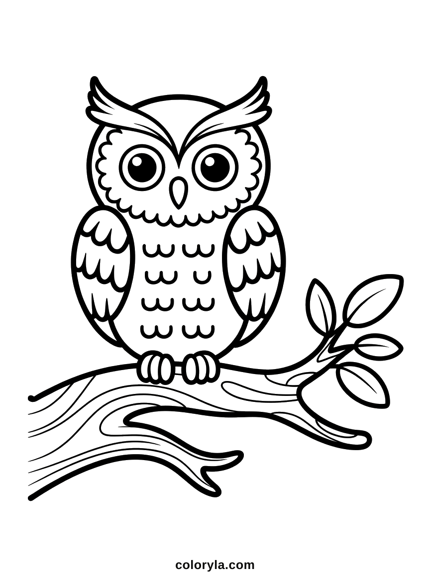 An owl on a gnarled branch with curved feather marks down its chest, a free autumn Halloween coloring page.