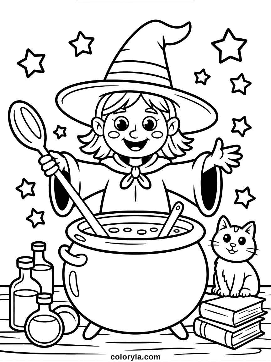 A witch at her potion table with her cat and five empty bottles, a free Halloween coloring page on A4.