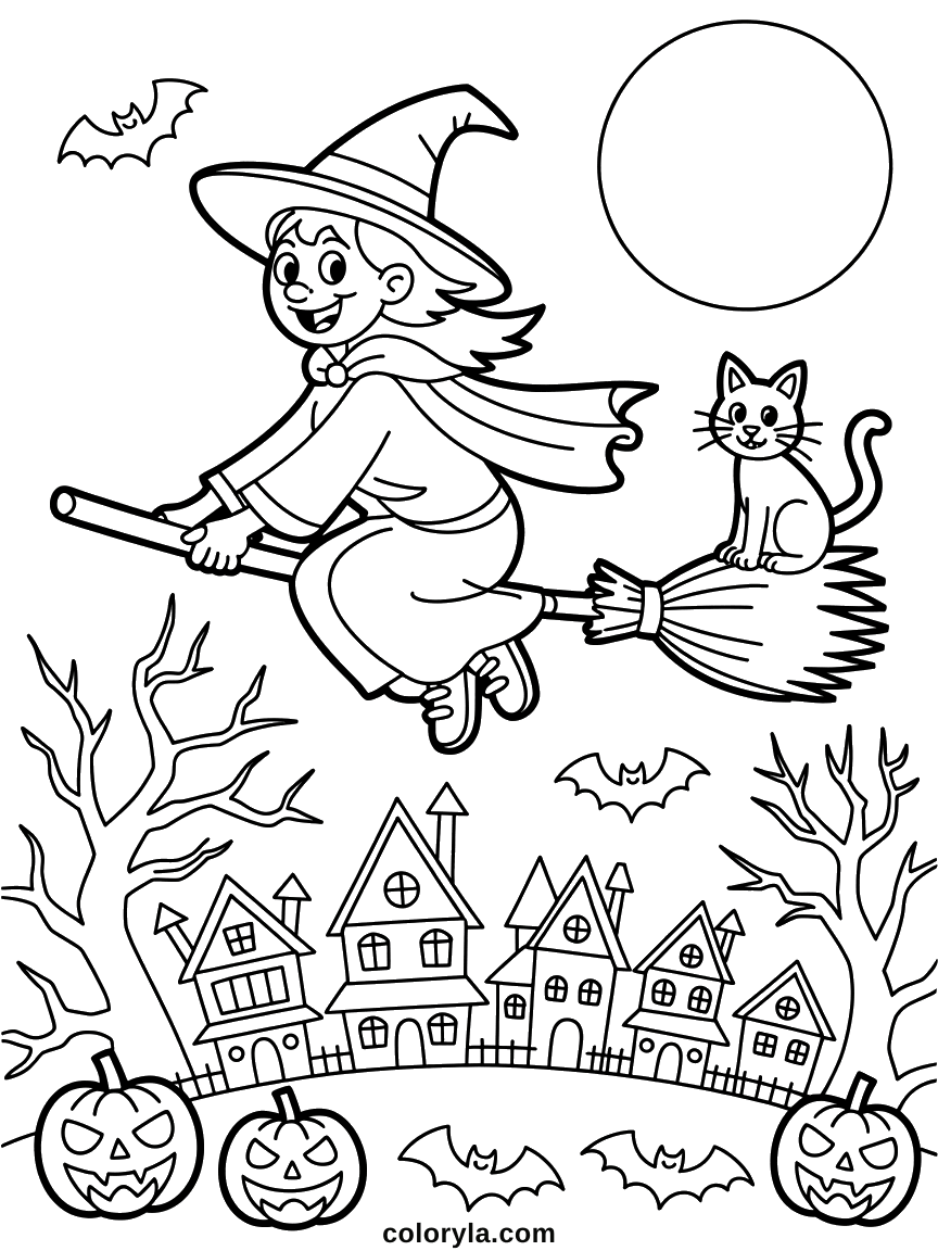 A witch on her broom over the rooftops with her cat riding behind. A free Halloween coloring page on A4.