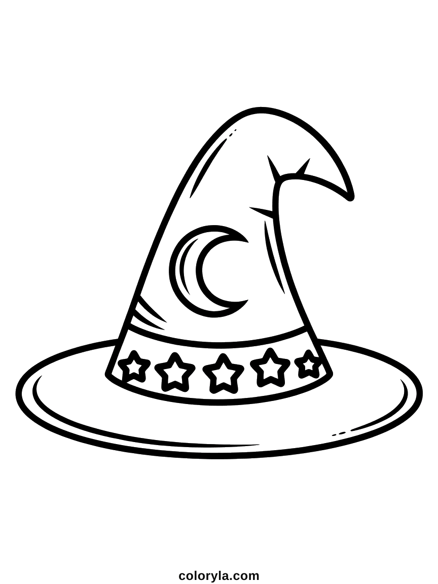 Simple Halloween coloring page: nothing but a pointed witch hat, a moon and a band of stars, free on A4.