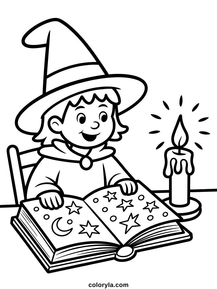 A young witch reading a spellbook by candlelight. A free Halloween coloring page to print at home on A4.