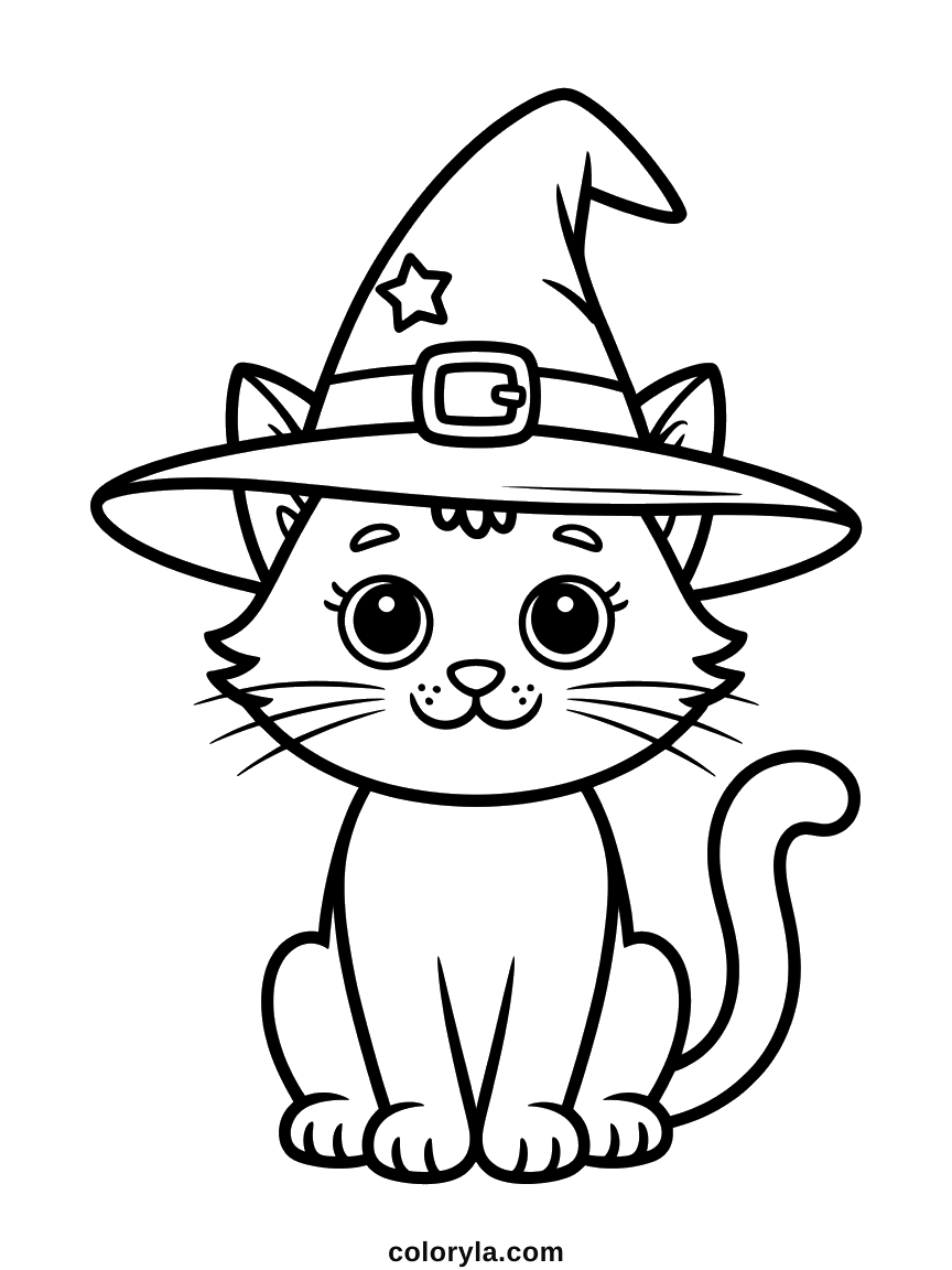 A kitten under a witch hat wider than the cat itself: a free kawaii Halloween coloring page to print on A4.