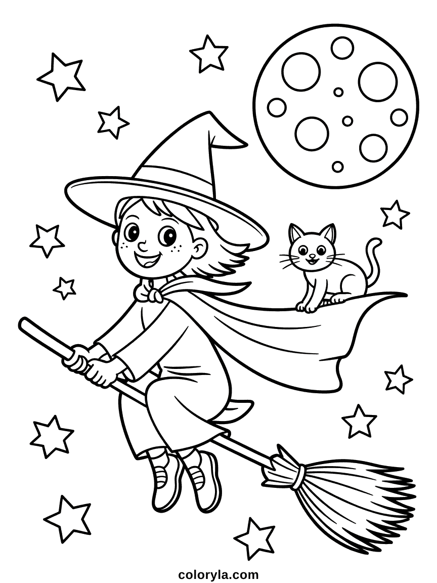 A girl on her broom past a full moon with her cat on her cape, a free Halloween coloring page for kids.