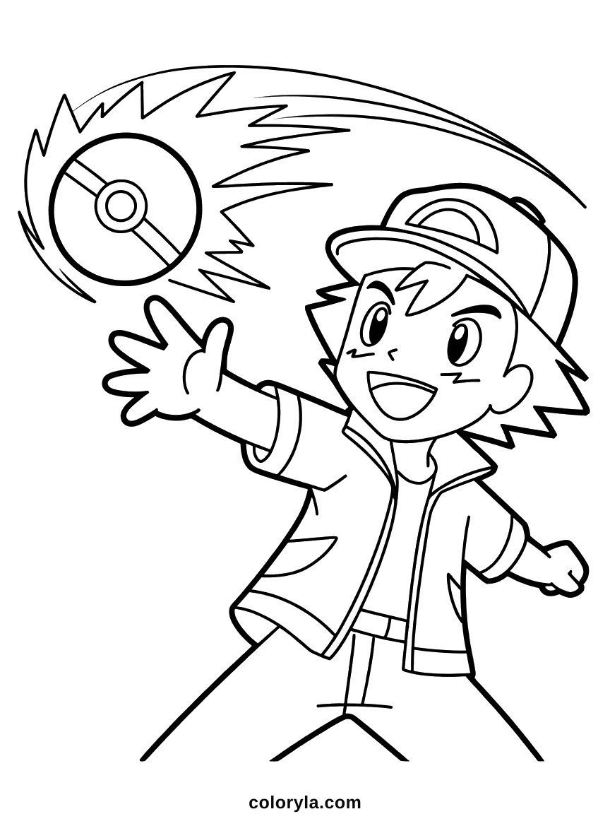 Caught mid-throw in a cap and jacket as a Poke Ball tears off with a trail behind it, a free Pokemon coloring page in A4.