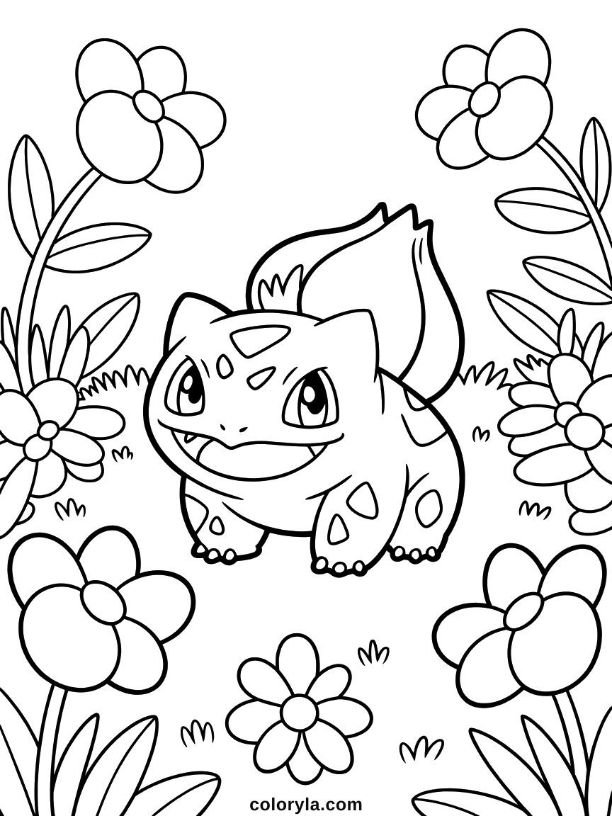 Sitting low among flowers taller than itself with the bulb closed on its back, a free Bulbasaur coloring page in A4.