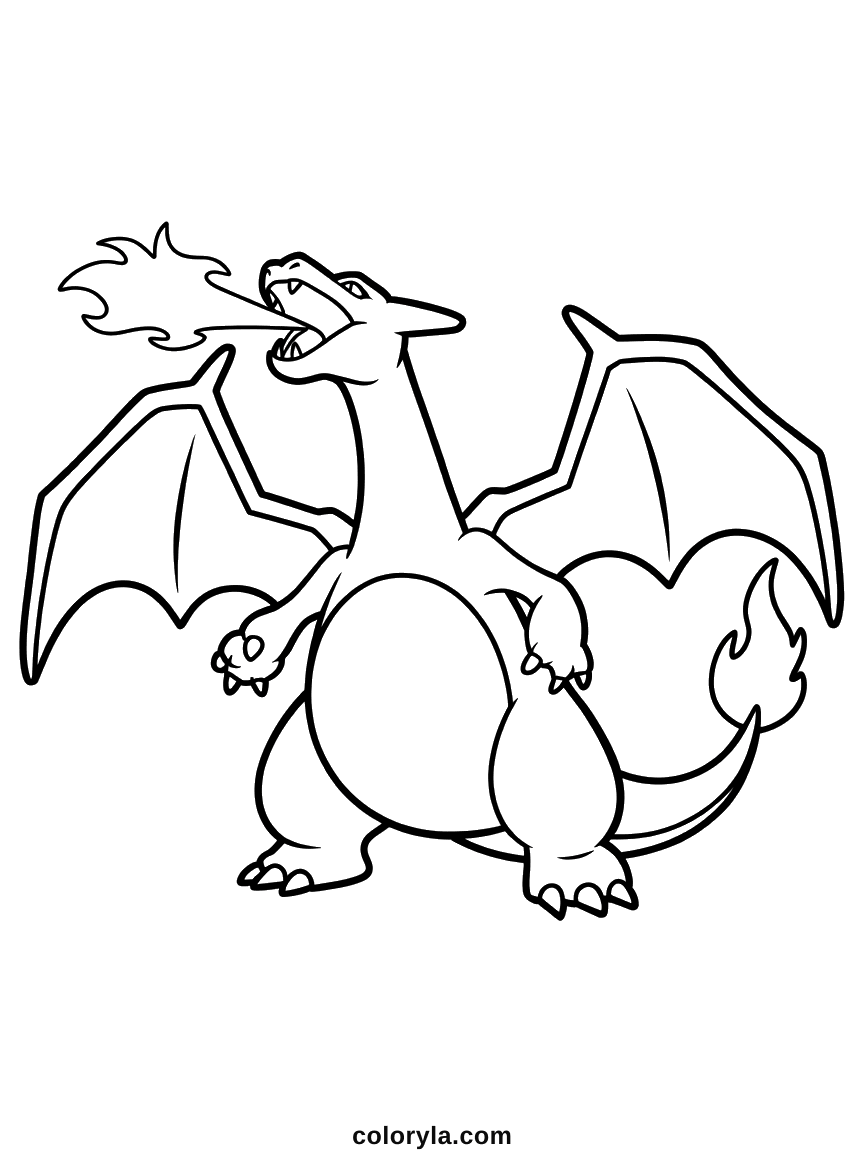 Airborne with wings spread to both edges and a jet of fire going up, a free Charizard coloring page to print in A4.
