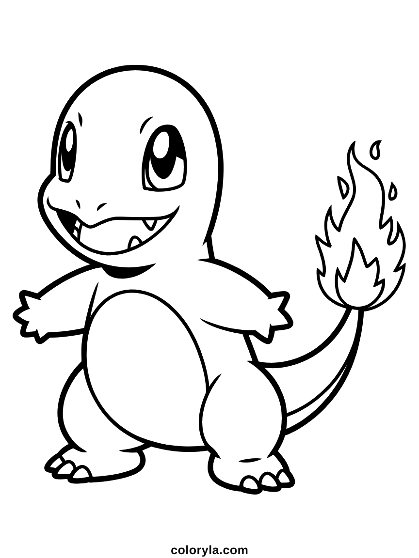 Small claws out and a flame burning at the tip of the tail, grinning square on: a free Charmander coloring page in A4.