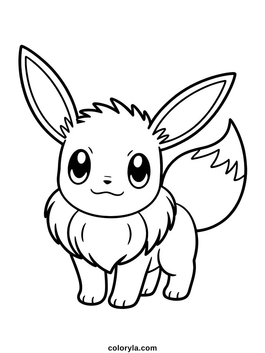A thick ruff bunched at the neck, oversized pointed ears and a bushy tail, a free Eevee coloring page to print in A4.