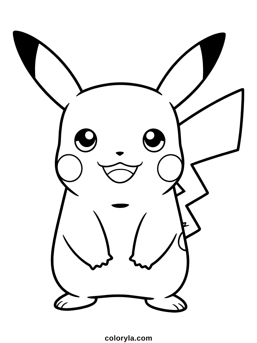 Oversized shining eyes, small paws brought together and a curled tail, a free cute Pikachu coloring page to print in A4.