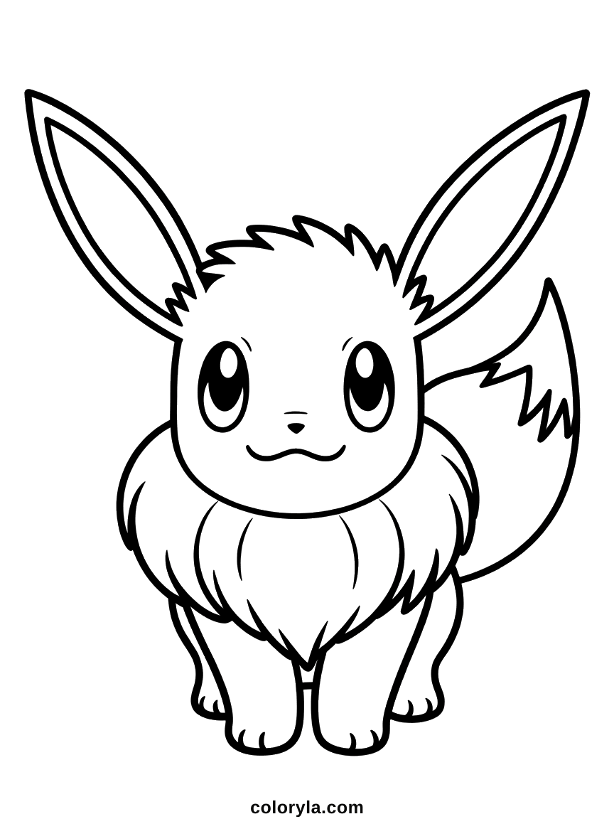 Cropped at the shoulders with enormous ears and a ruff drawn tuft by tuft, a free Eevee coloring page in A4.
