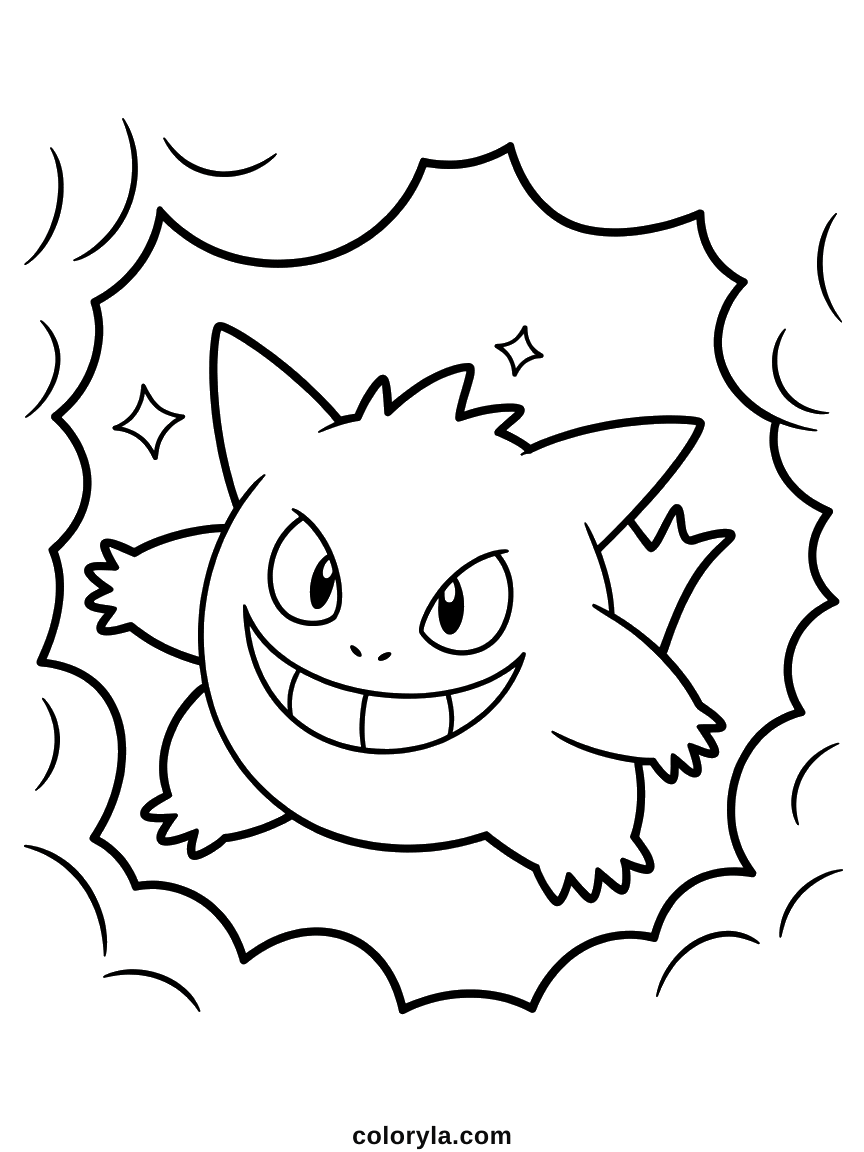 Grinning out of a spiked burst of shadow with small sparkles pinned around it, a free Gengar coloring page in A4.