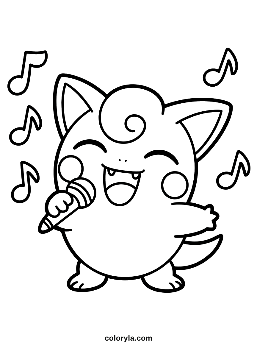 Holding a microphone with eyes shut and music notes floating up on either side, a free Jigglypuff coloring page in A4.