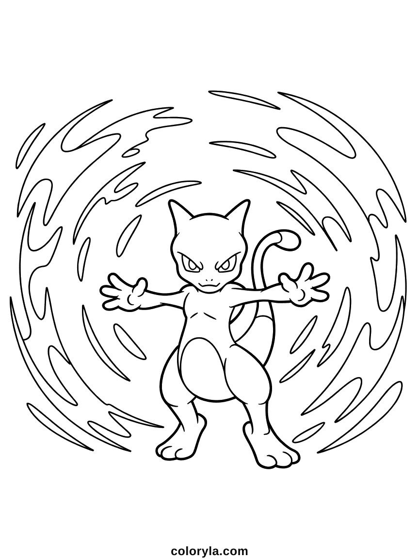 Arms wide at the centre of a spiralling vortex that fills the whole sheet, a free Mewtwo coloring page to print in A4.