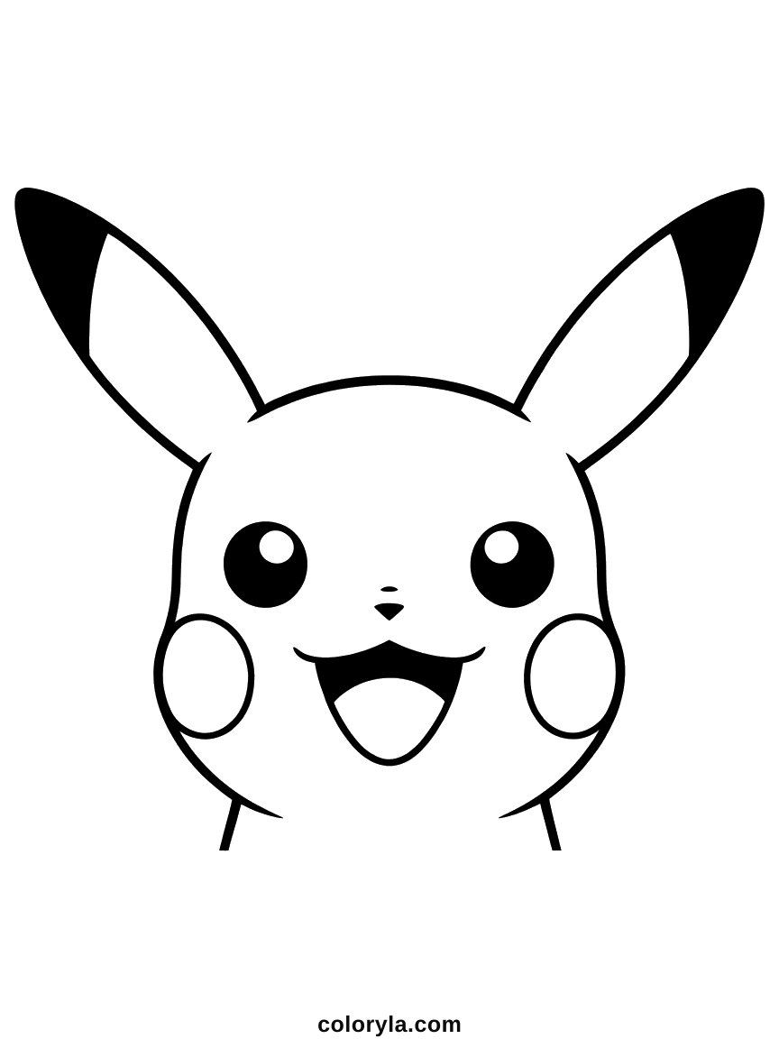 A head cropped close with long pointed ears, round cheeks and an open smile, a free Pikachu coloring page in A4.
