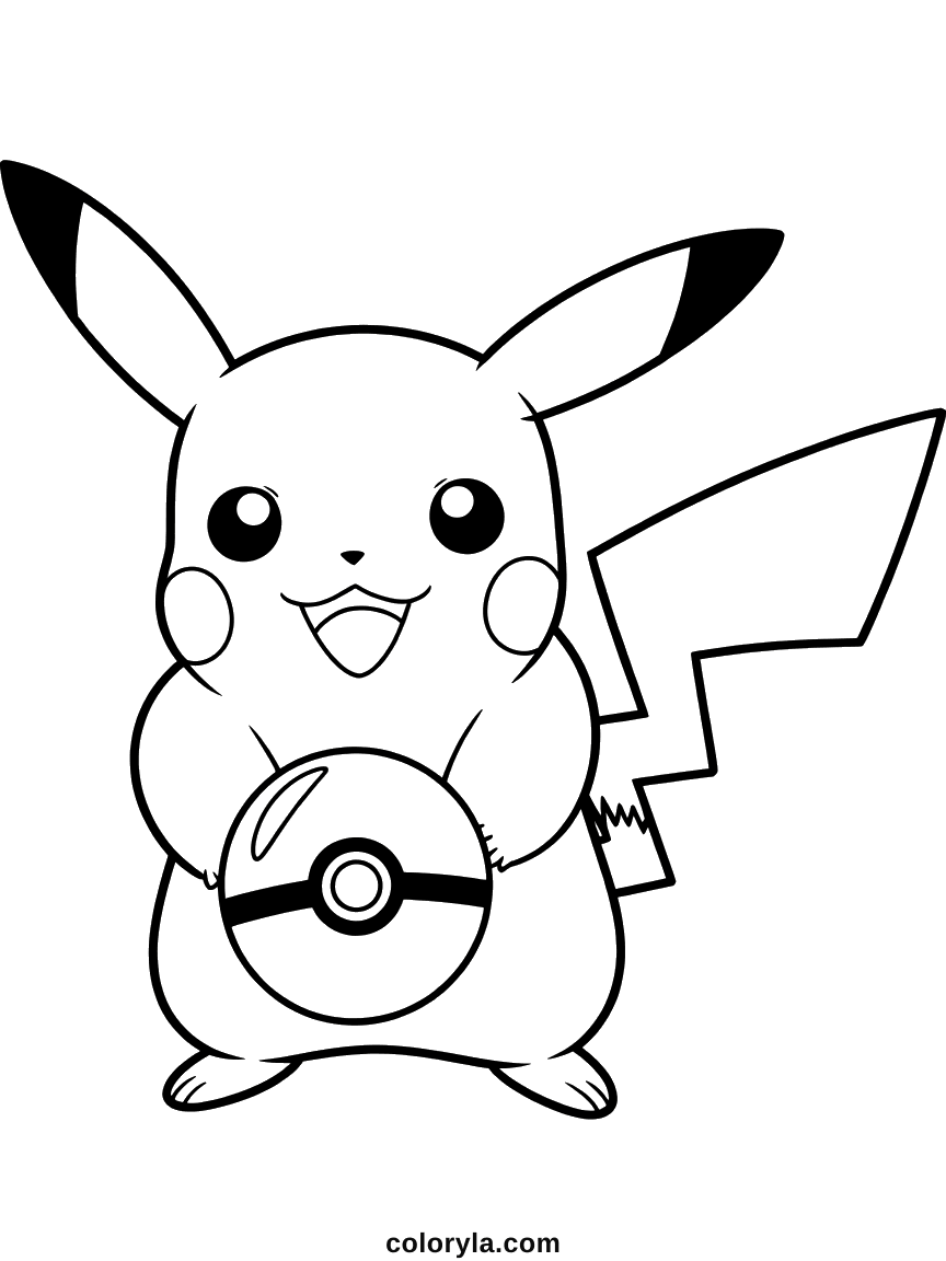 Holding a Poke Ball in both arms against its chest with the tail raised behind, a free Pikachu coloring page in A4.