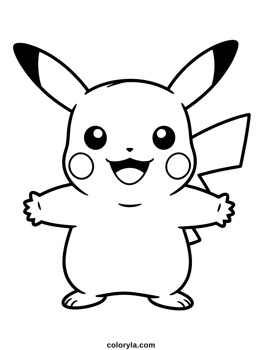 Arms open and mouth wide, drawn in very thick lines with nothing small on the sheet: an easy Pikachu coloring page in A4.