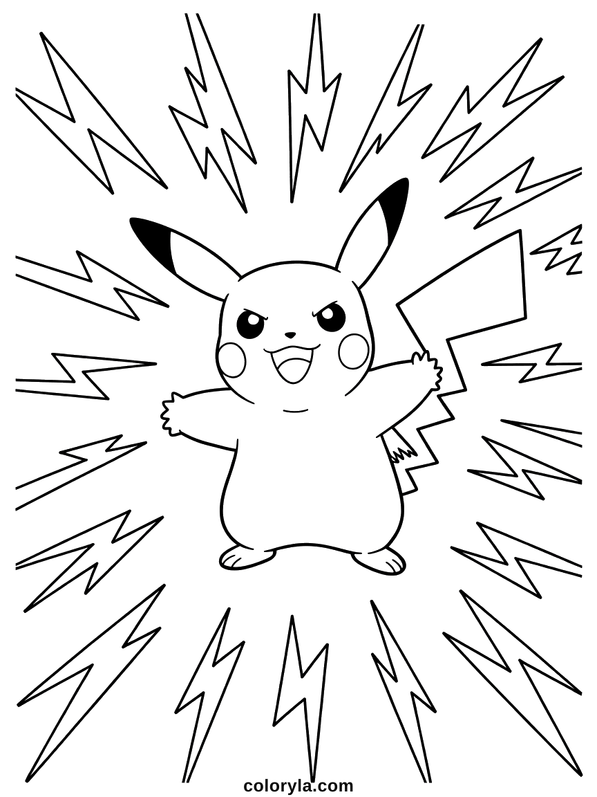 Crouched low with lightning bolts shooting out to all four edges of the sheet, a free Pikachu coloring page in A4.