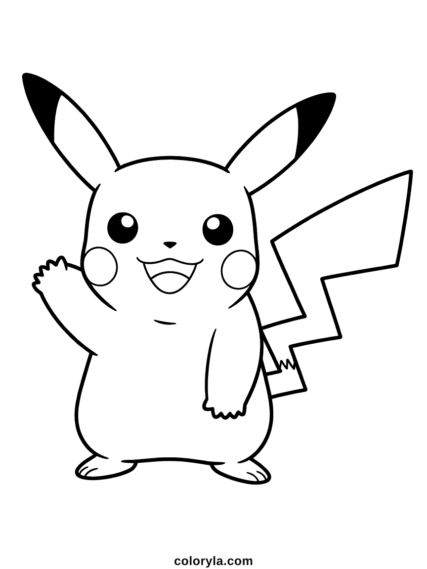 Standing with one arm raised in a wave, round cheeks and the zigzag tail up behind: a free Pikachu coloring page in A4.