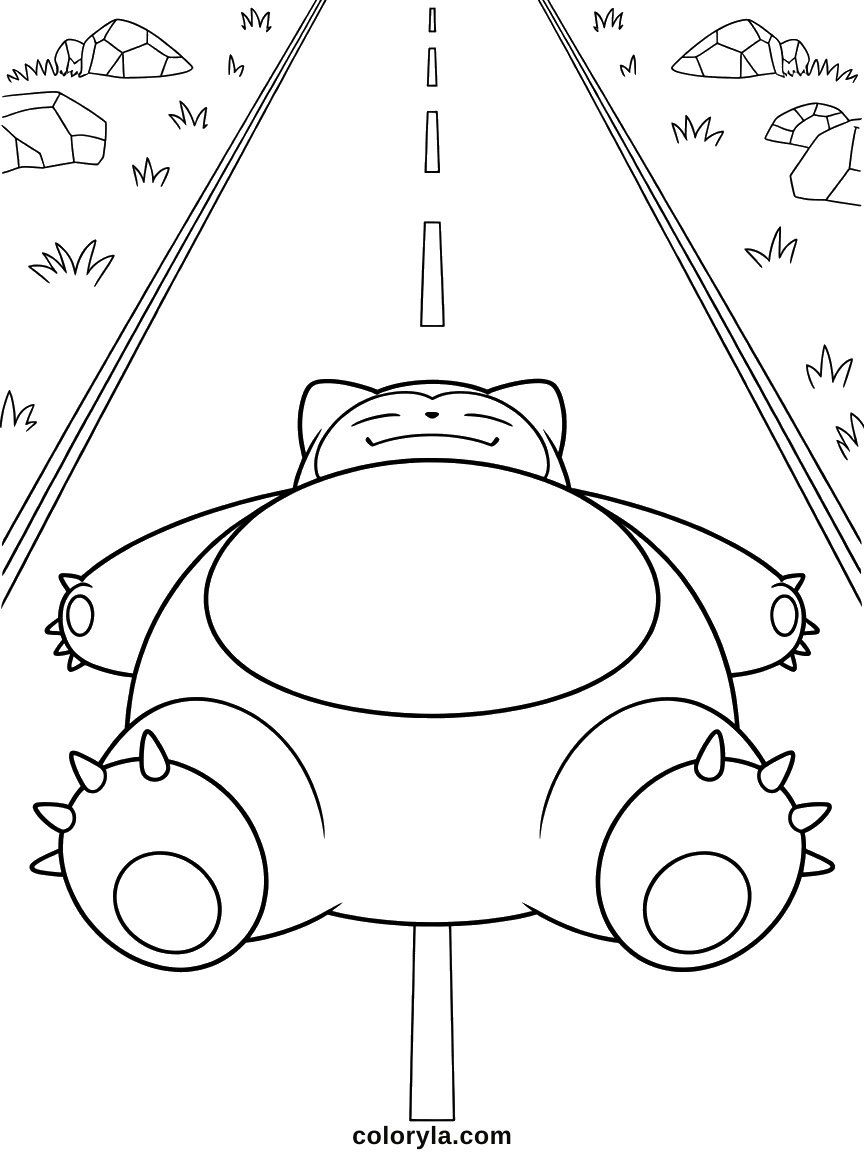 Asleep across the middle of a road with rocks and grass down both verges, a free Snorlax coloring page to print in A4.
