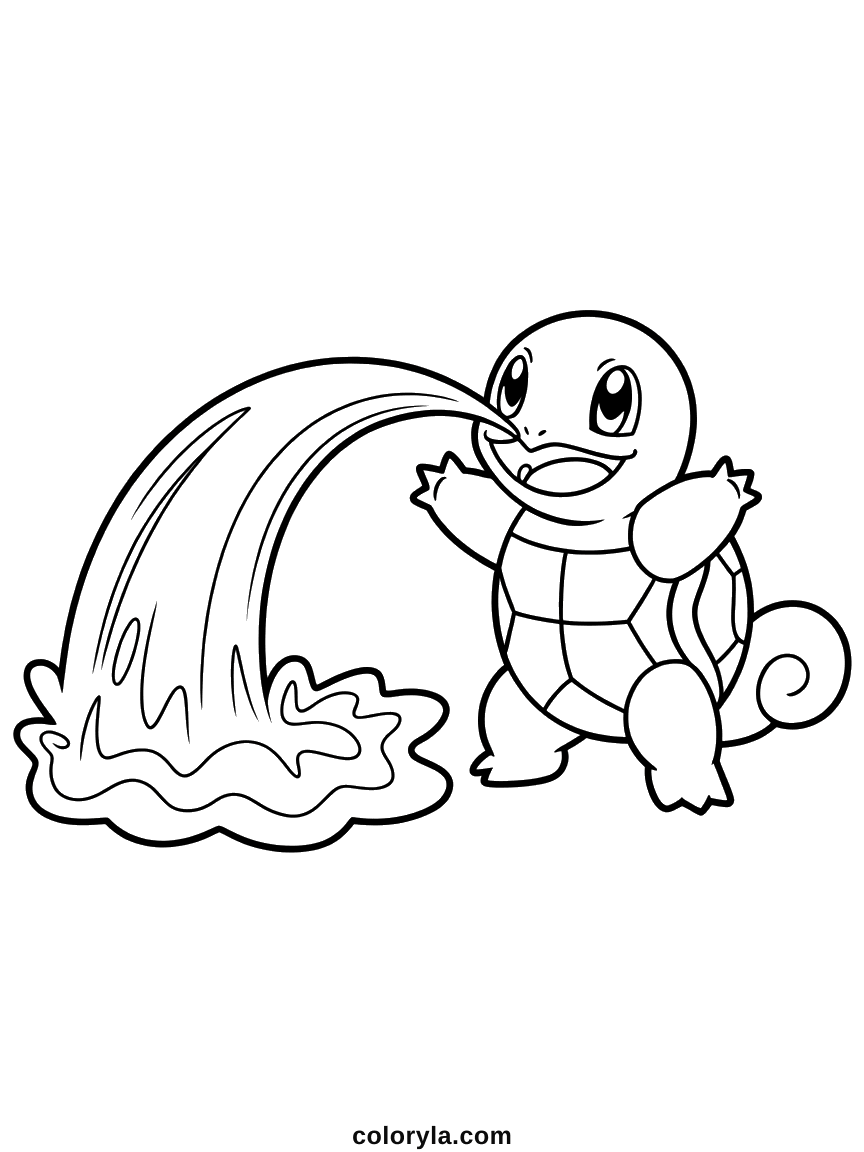 Braced on both feet sending an arc of water across the sheet, shell plates visible, a free Squirtle coloring page in A4.