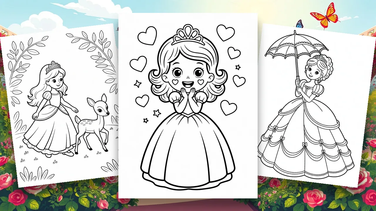 The princess coloring pages cover: a crowned princess, a castle and a jewelled tiara gathered on one free printable sheet.