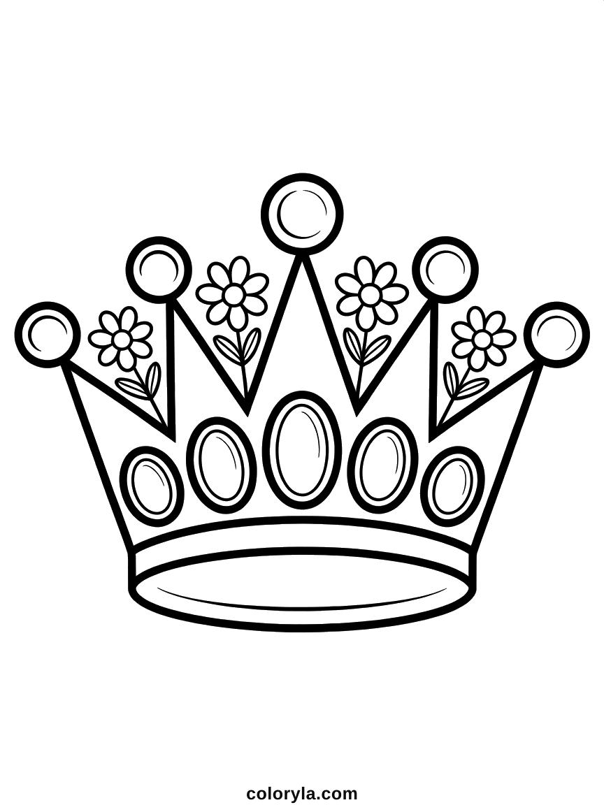 Une couronne de princesse qui remplit la feuille, cinq pointes perlées, bijoux ovales et marguerites, coloriage en A4.
