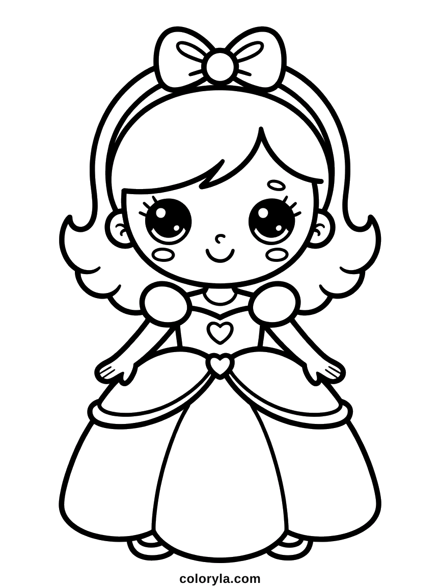 Un nœud plus large que sa tête sur une princesse kawaii, deux yeux brillants et une robe en panneaux, coloriage en A4.