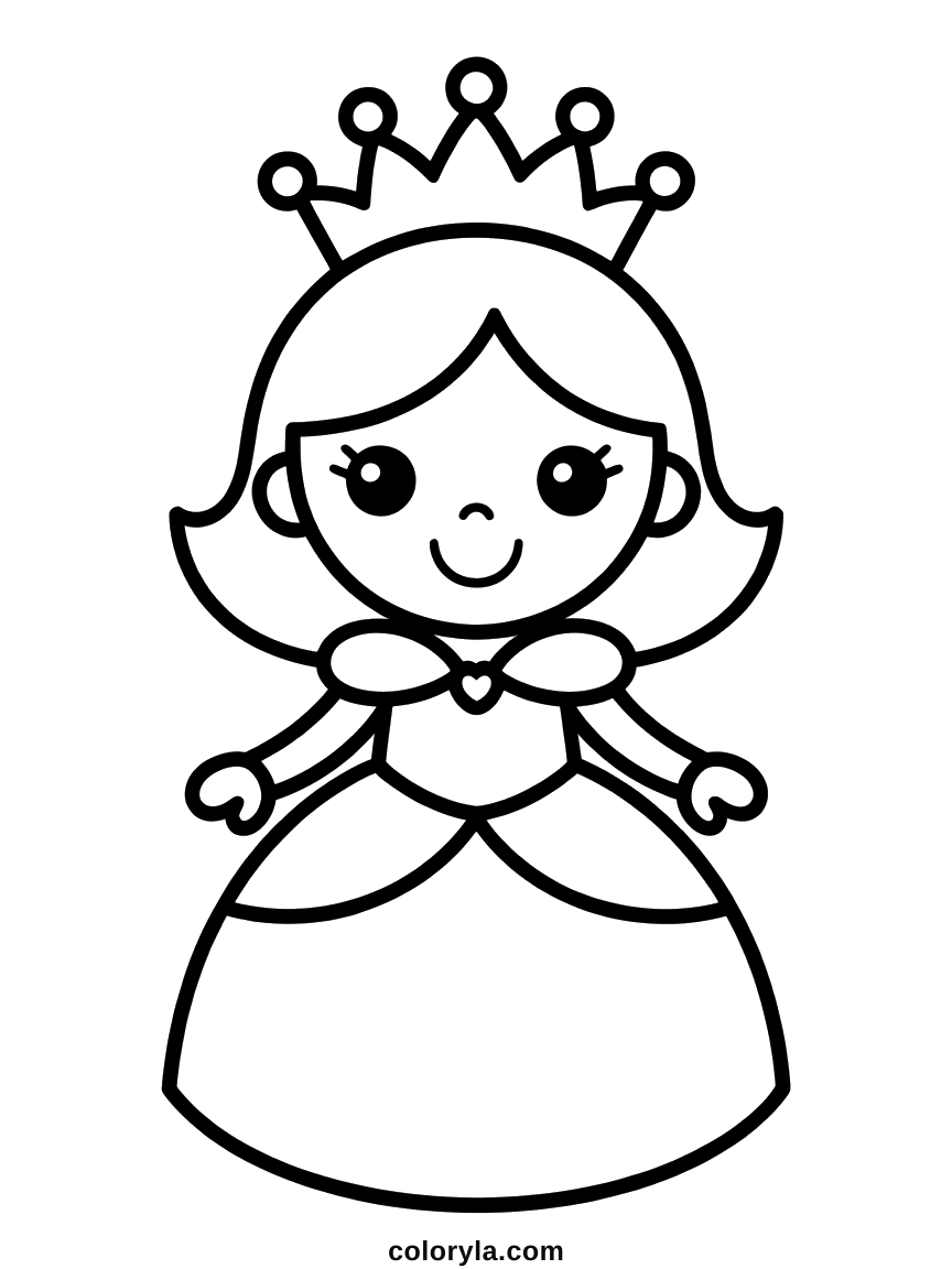 Une couronne à cinq pointes perlées, un sourire rond et une robe large sur une princesse facile, coloriage en A4.
