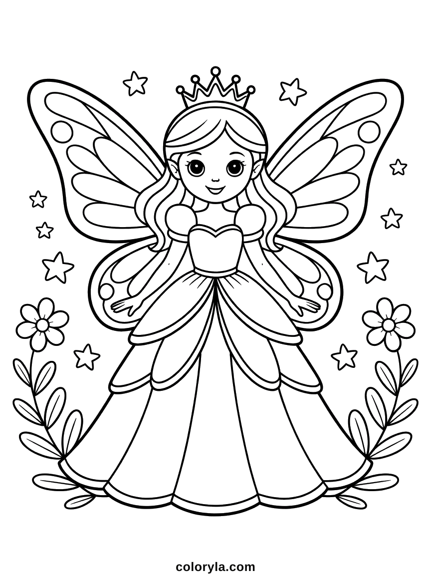 Une princesse fée aux ailes de papillon marquées de cercles, jupe en pétales et étoiles dispersées, coloriage en A4.