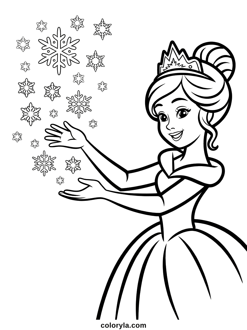 Des flocons qui montent des mains ouvertes d'une princesse des glaces, cheveux tressés, coloriage en A4.