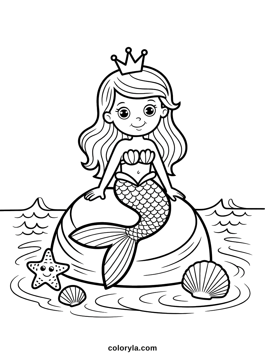 Une princesse sirène couronnée sur un rocher, queue écaillée enroulée, étoile de mer et coquillages, coloriage en A4.