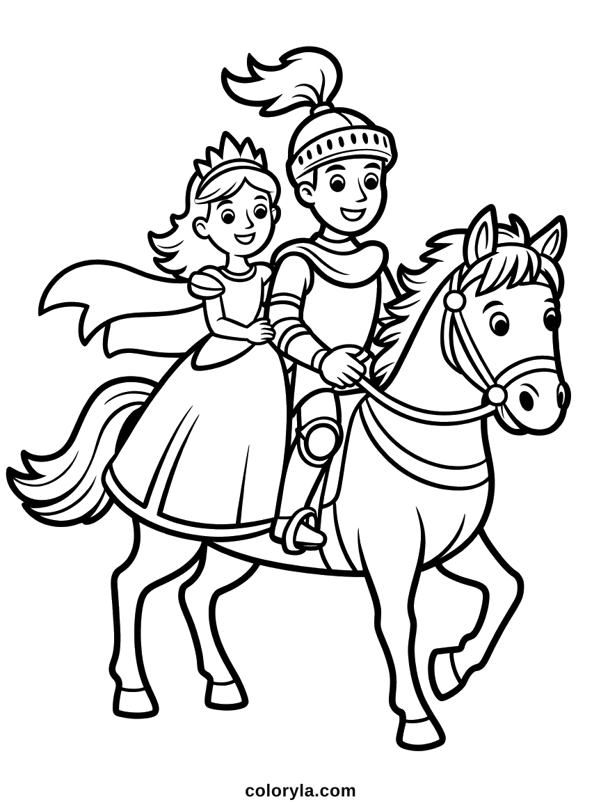 Un cheval au sabot levé portant un chevalier à plumet et la princesse derrière lui, coloriage en A4.
