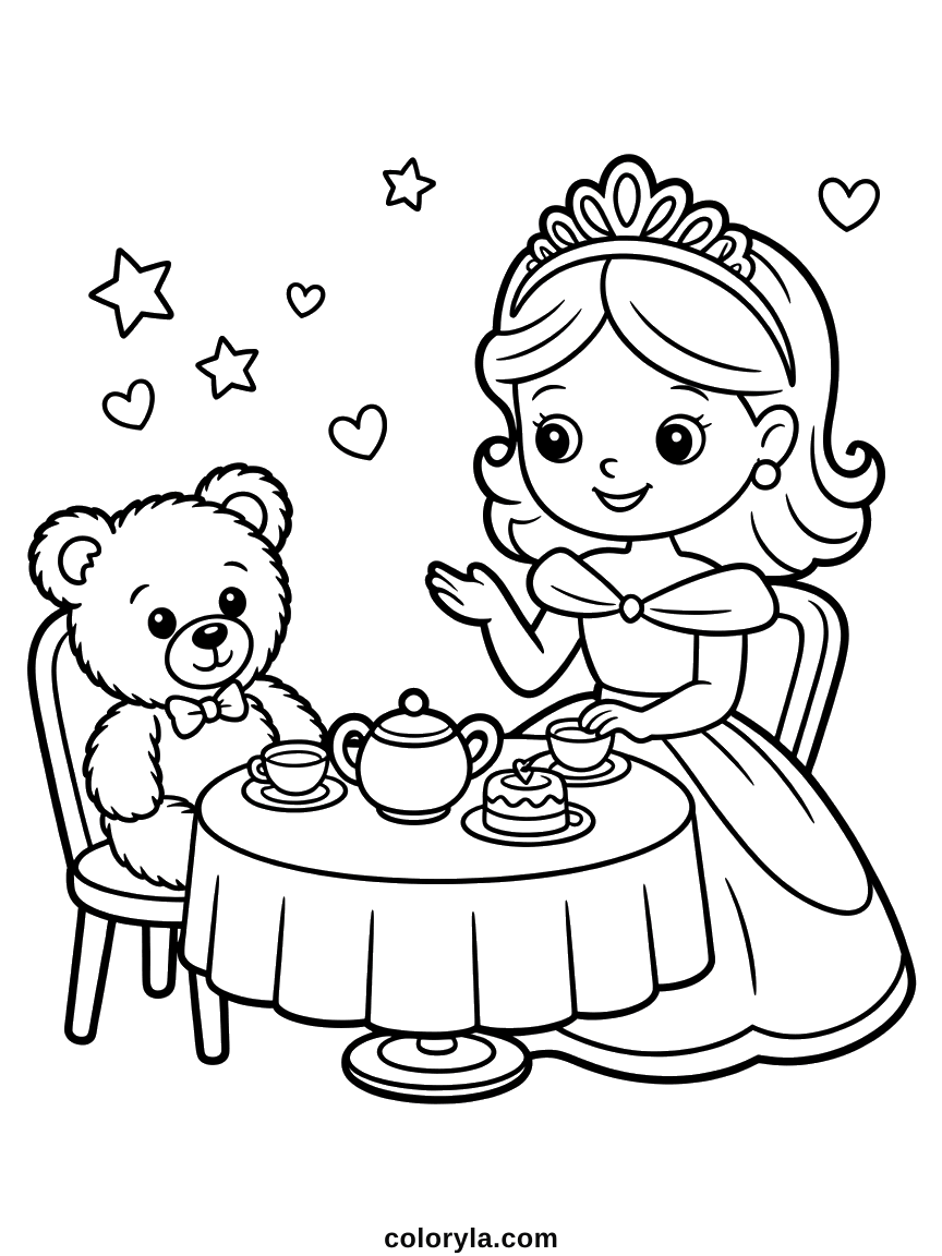 Une table nappée avec une théière, deux tasses, une princesse et un nounours en nœud papillon, coloriage en A4.