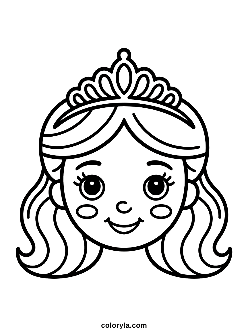 Un visage de princesse plein cadre avec de grands yeux à longs cils, des joues rondes et un diadème, coloriage en A4.