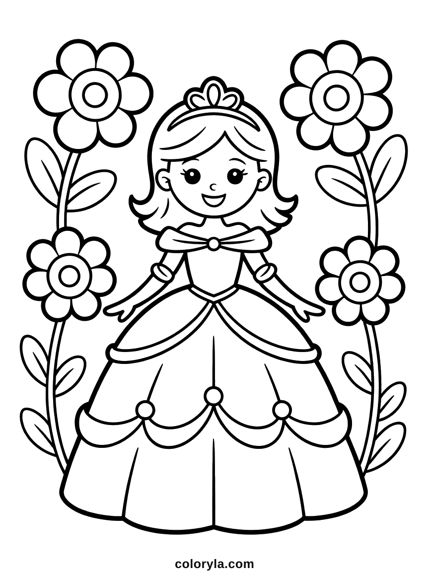 Quatre grandes marguerites autour d'une princesse à diadème et à jupe festonnée, coloriage de princesse en A4.