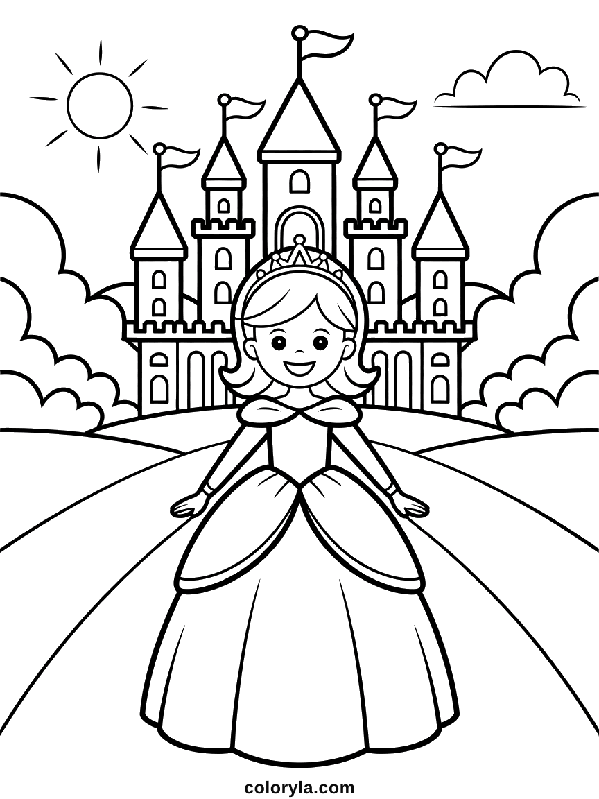Un château à quatre tours avec drapeaux derrière une princesse sur un chemin, sous un soleil, coloriage en A4.