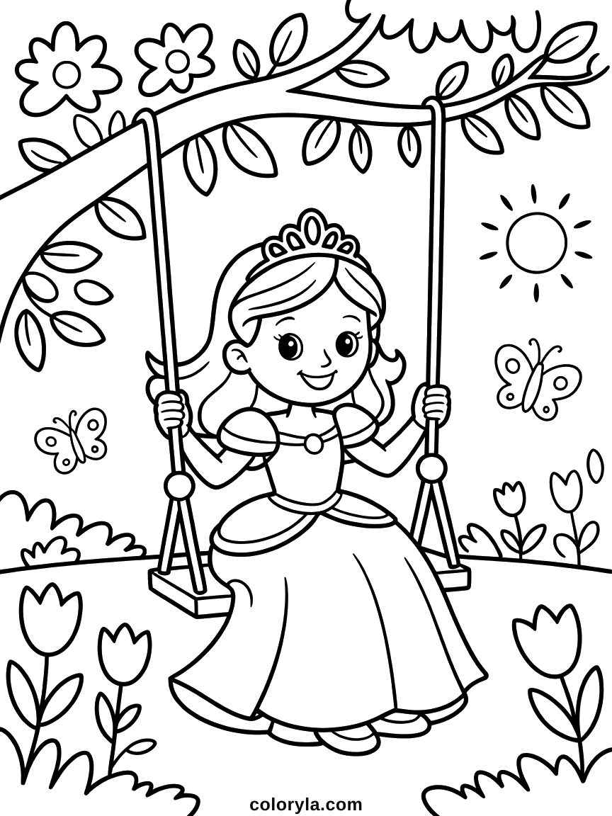 Une balançoire suspendue à une branche fleurie avec une princesse dessus, tulipes et papillons, coloriage en A4.