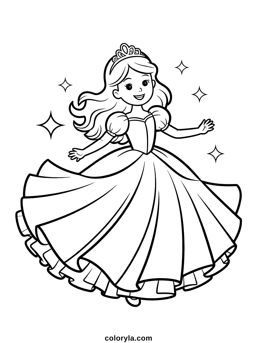 Saisie en plein tour, la jupe ouverte en longs panneaux jusqu'à un ourlet froncé, coloriage de princesse en A4.